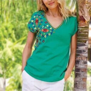 Soft Surroundings Passion Flower Sequin Tee in Parakeet Green Embroidered Top‎ L